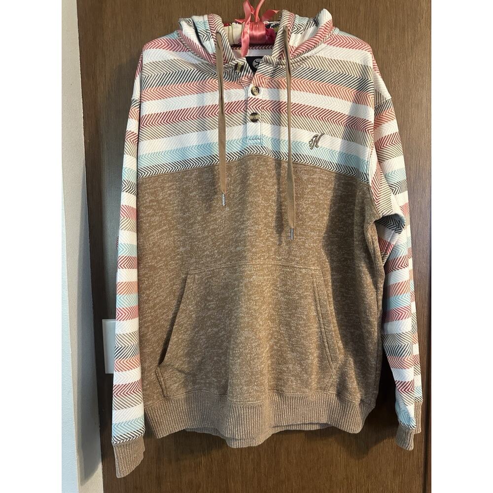 Hooey Mens “Jimmy” Tan Striped Western Hooded Hoodie Sweatshirt Size XL Pullover
